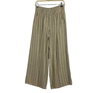 Maurice’s‎ Wide Leg Linen Blend Striped Pants Women M Oatmeal Navy Elastic Waist
